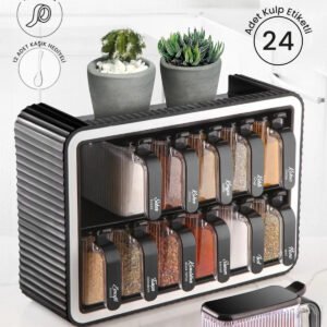 طقم 12 بُرطمان توابل مع حامل وملصقات – ترتيب مثالي ولمسة عصرية